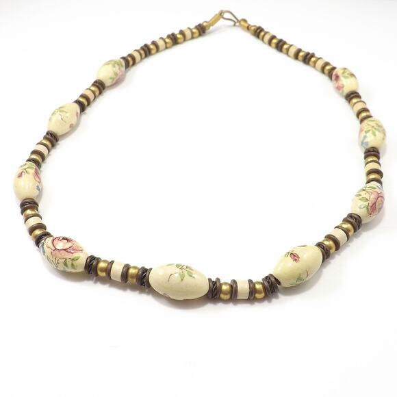 Vintage Porcelain Artisan Necklace, Floral Beads Leather, 1970s Vintage Jewelry - Picture 3 of 10